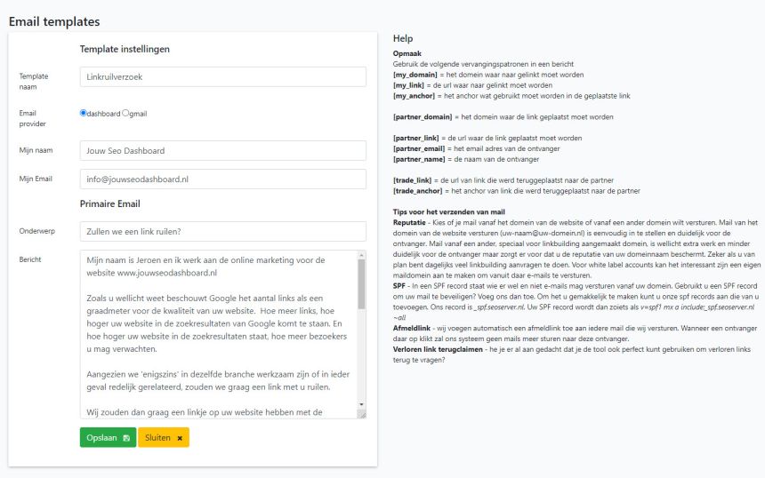 Verstuur Linkruil-verzoeken via Jouw SEO Dashboard